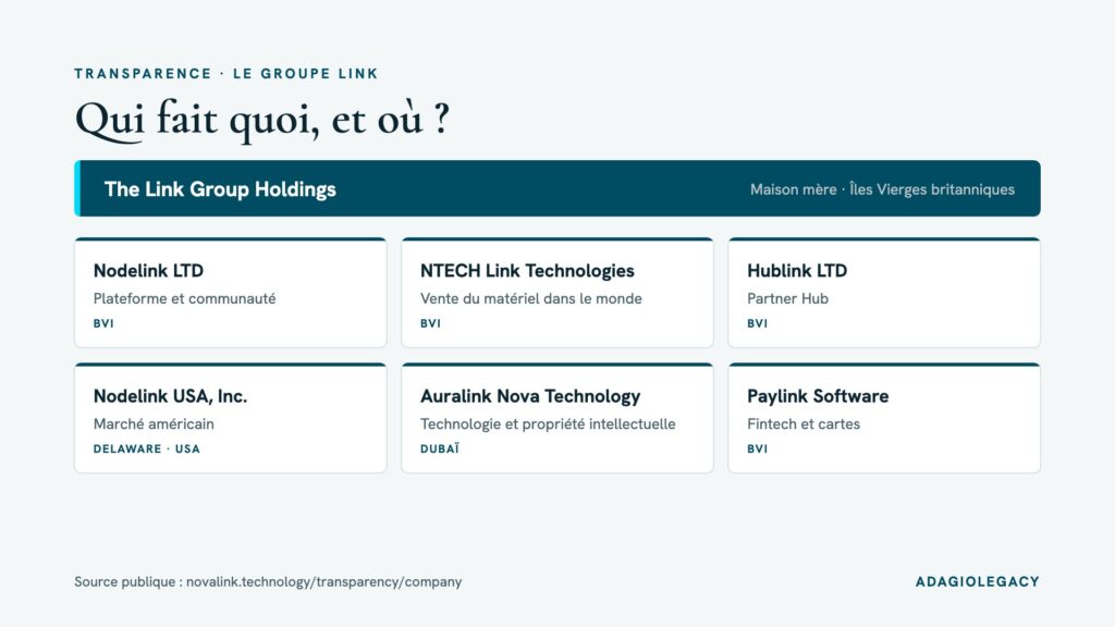 Structure du groupe The Link Group Holdings et de ses filiales NodeLink